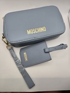 MOSCHINO blue leather make up bag with gold hardware